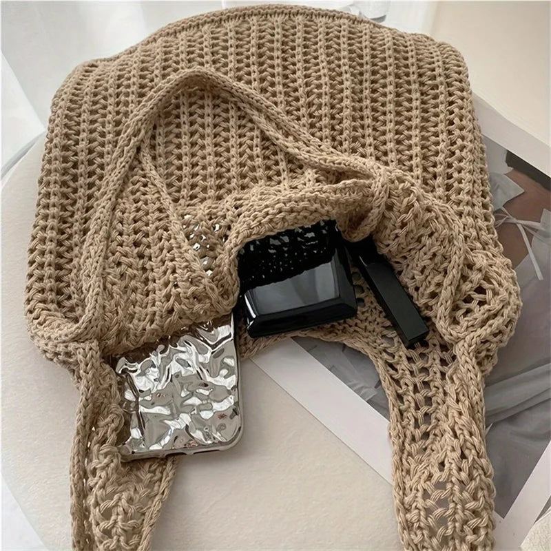 Yogodlns Solid Color Crochet Tote Shoulder Bag Bohemian Woven Handbag
