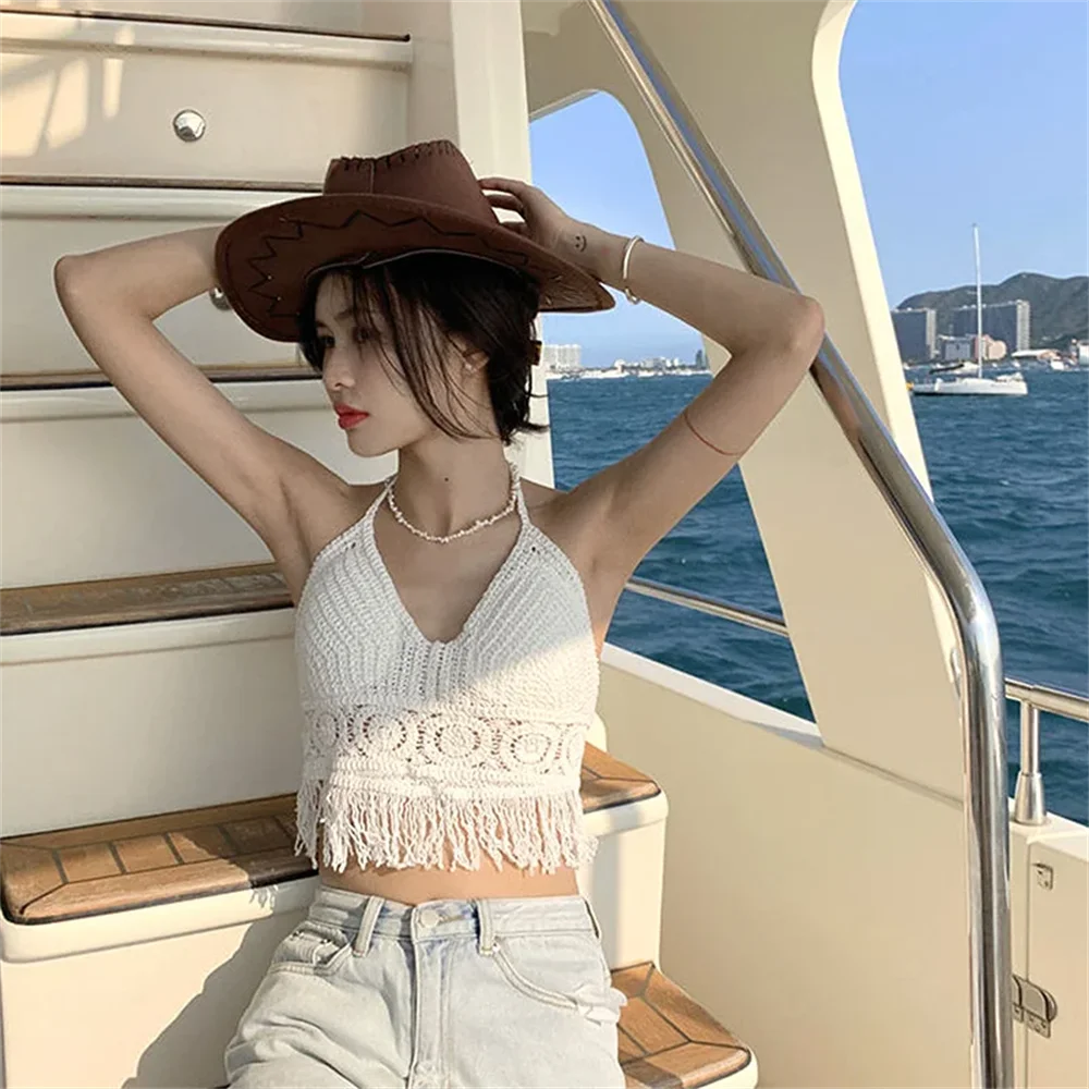 Boho Beach Backless Crochet Knit Camisole Halter Tank Top For Women Crop Tops