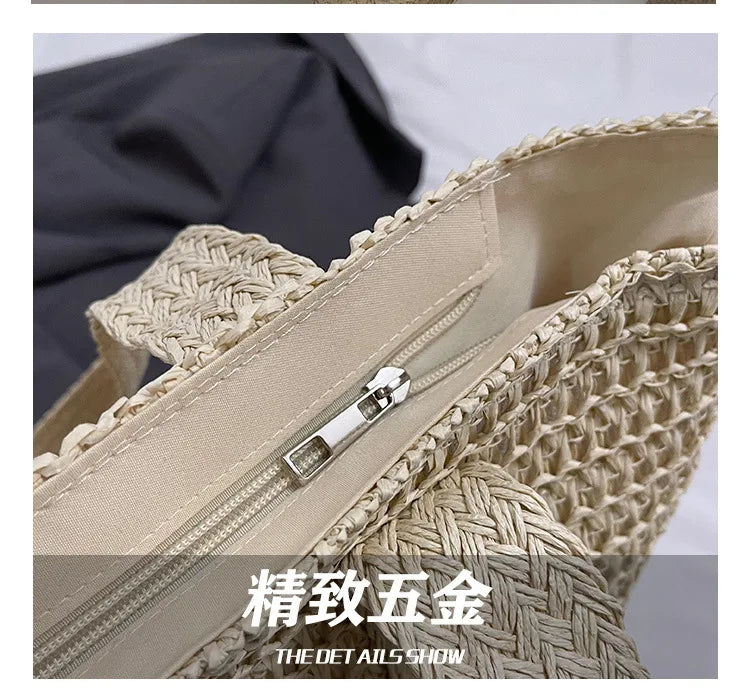 French Style Large Capacity Woven Straw Shoulder Bag For Women Beach Vacation