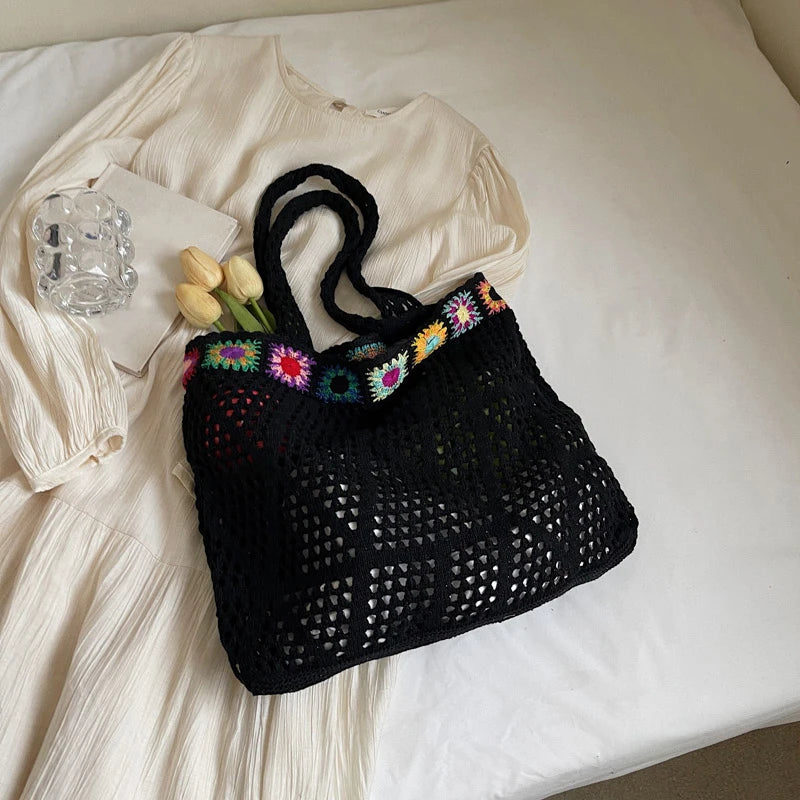 Bohemian Handmade Beach Tote Bag Beads Trim Straw Crochet Women Shoulder Bag