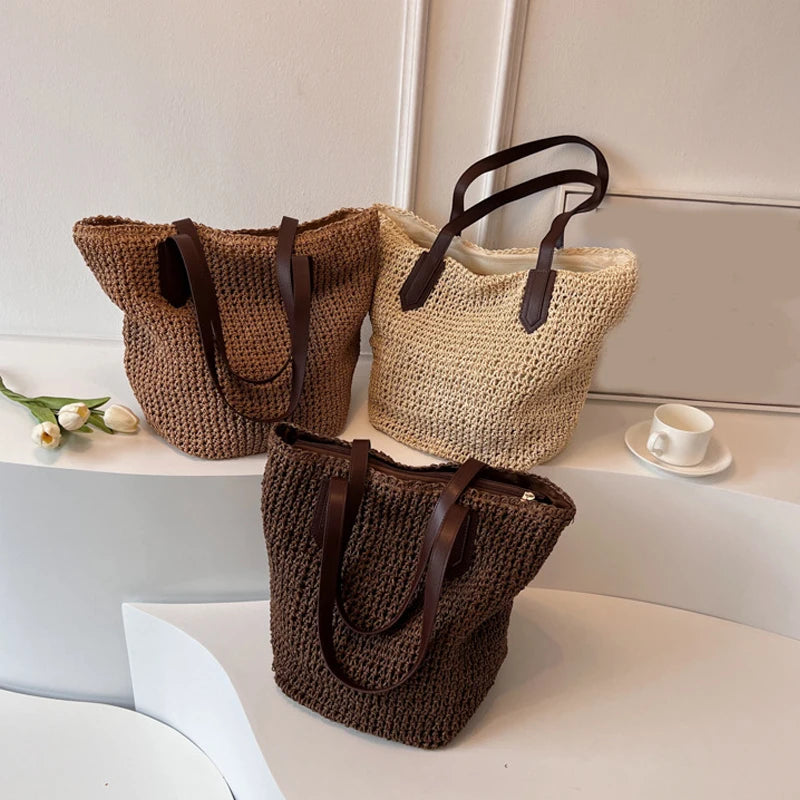 Women Bohemian Straw Shoulder Bag Large Crochet Tote For Beach Summer Woven