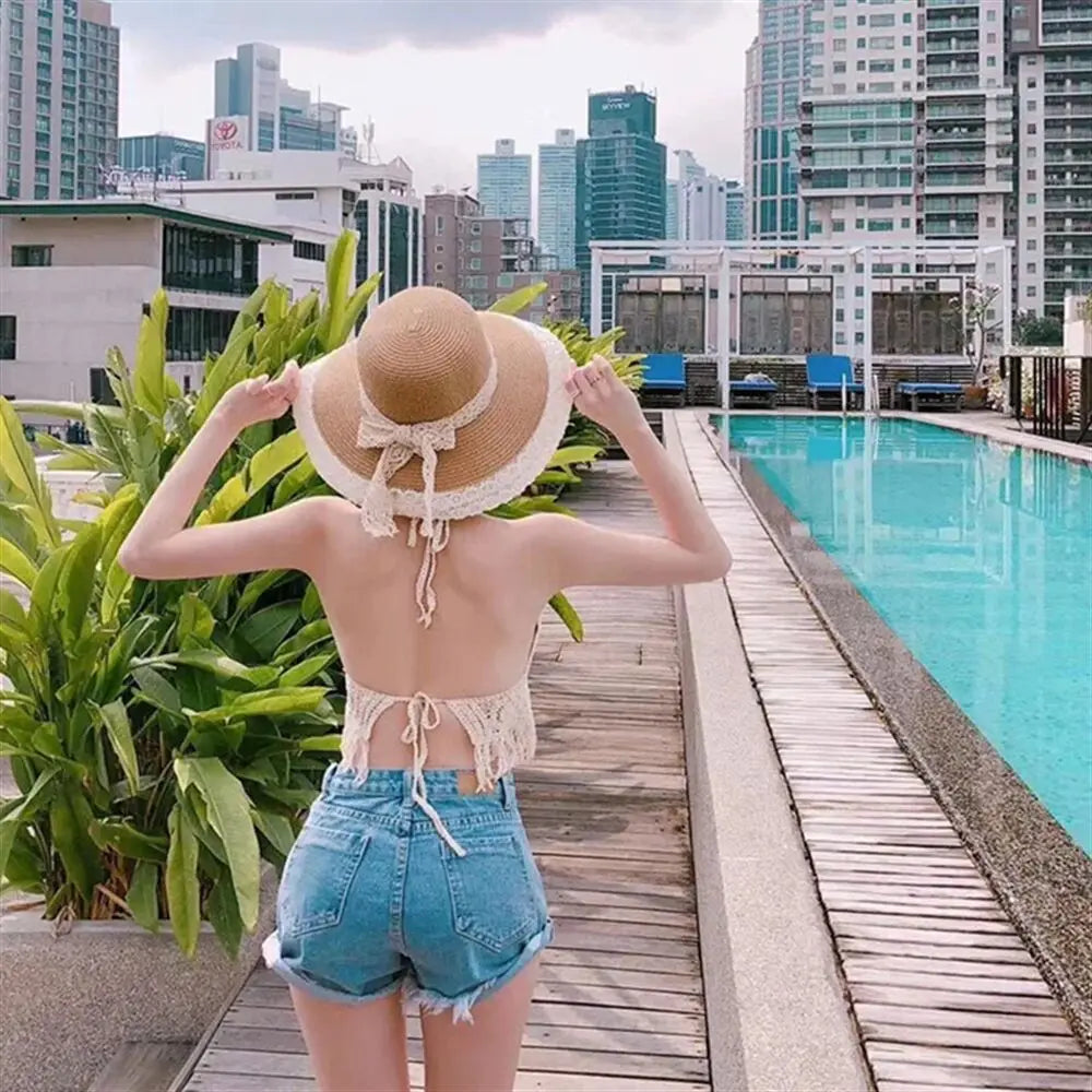 Boho Beach Backless Crochet Knit Camisole Halter Tank Top For Women Crop Tops
