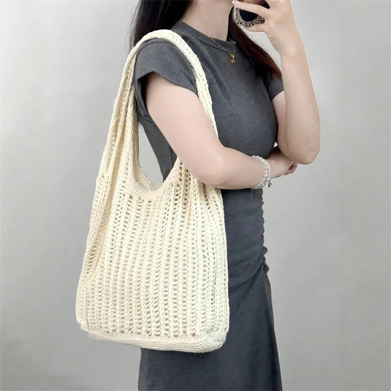 Yogodlns Solid Color Crochet Tote Shoulder Bag Bohemian Woven Handbag