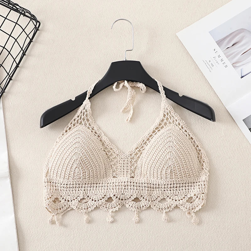 Débardeur court d'été en crochet ajouré pour femme, dos nu, style bandeau dos nu, pour la plage