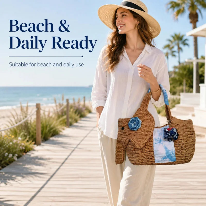 Elephant Straw Woven Tote Bag Handmade Beach Bag Large Capacity