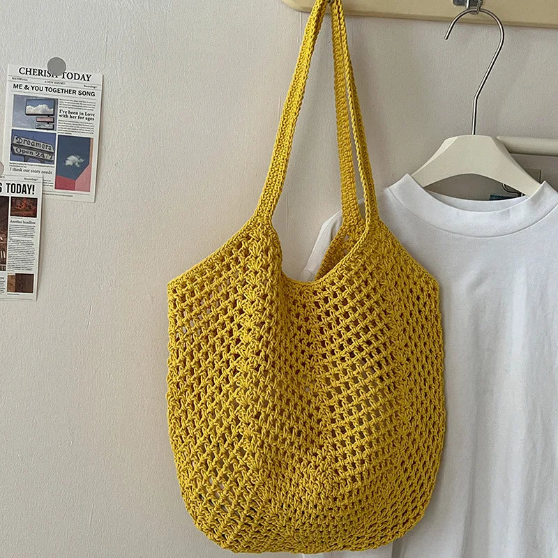 Grand sac fourre-tout à bandoulière en tricot pour l'été, sac de plage en maille pour femme