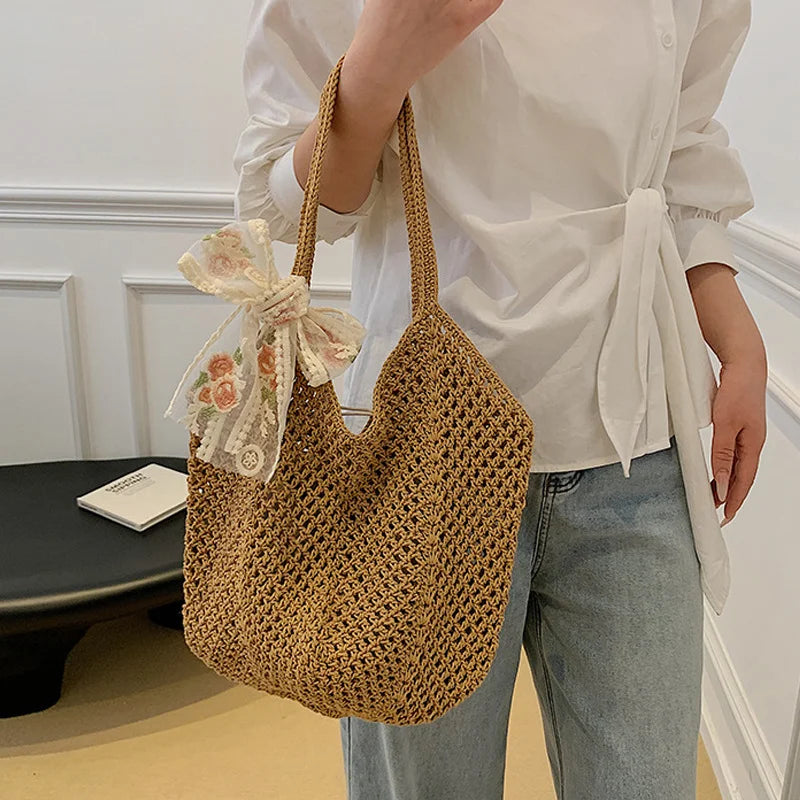 Summer Lace Bow Tote Bag For Women Raffia Rattan Crochet Shoulder Bag 2025