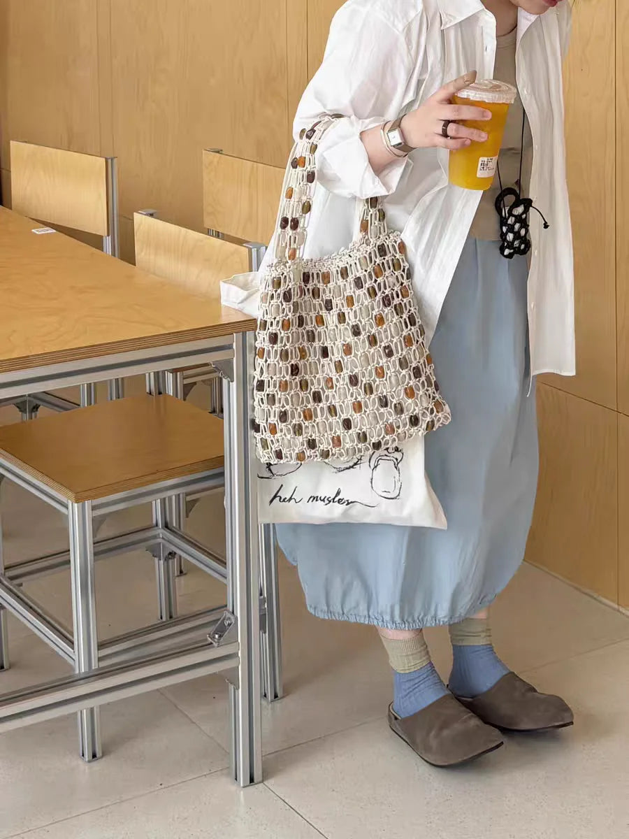 Bohemian Rope Crochet Women Bag Beading Beach Bag Handmade Woven Shoulder Bag