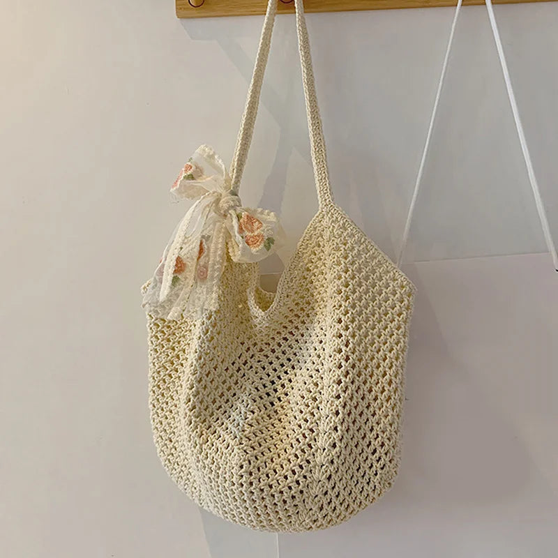 Summer Lace Bow Tote Bag For Women Raffia Rattan Crochet Shoulder Bag 2025