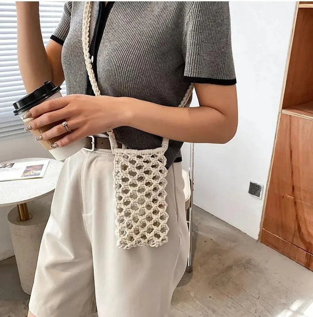 Hollow Out Woven Crochet Crossbody Phone Bag Women Lightweight Shoulder Bag