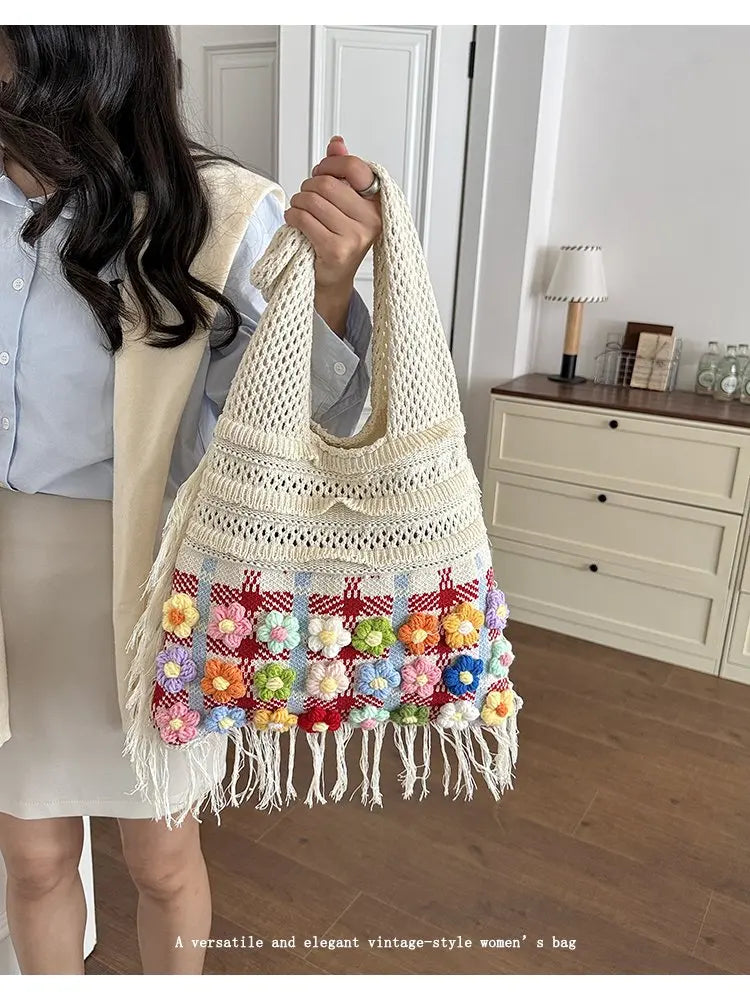 Women's Large Crochet Shoulder Tote Bag For Casual Daily Use School Commute