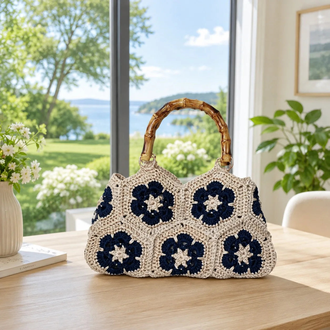 Sac fourre-tout en crochet floral tissé à la main, style rétro, avec motifs "granny square" pour femme, idéal pour le quotidien et les voyages