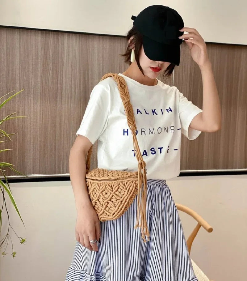 Women Summer Beach Knitted Bag Bohemian Crochet Waist Fanny Pack Shoulder Tote
