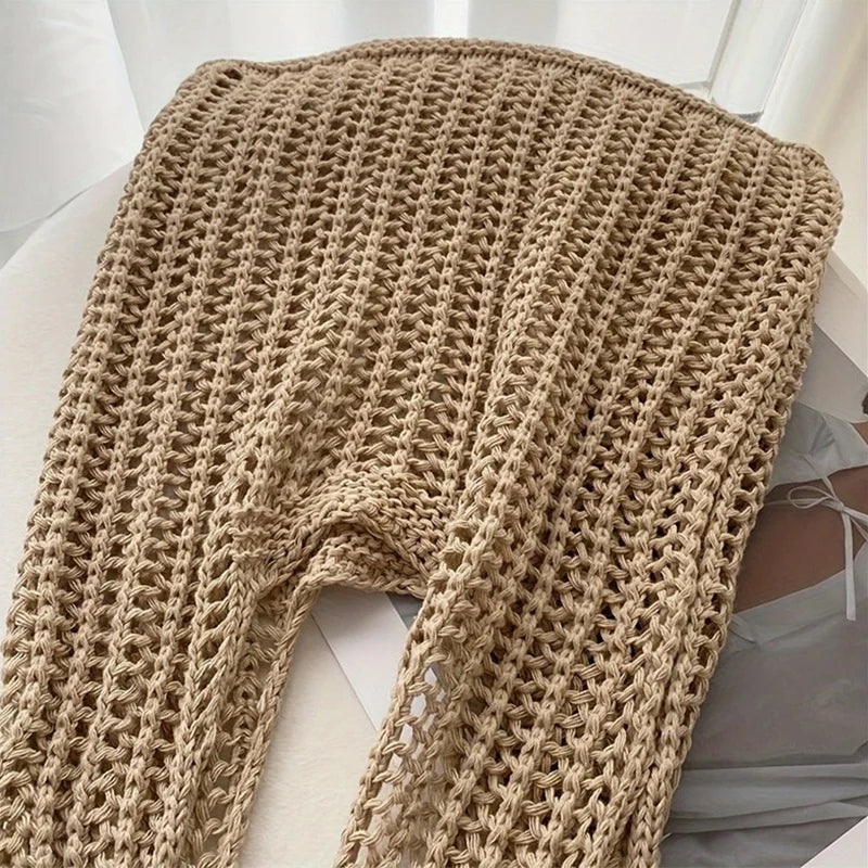 Yogodlns Solid Color Crochet Tote Shoulder Bag Bohemian Woven Handbag