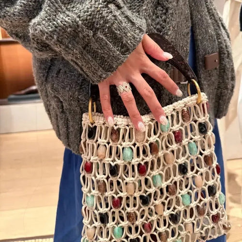 Sac Bohème en Corde au Crochet pour Femme, Sac de Plage Perlé, Sac à Bandoulière Tressé à la Main