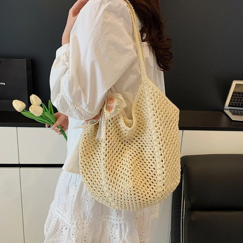 Summer Lace Bow Tote Bag For Women Raffia Rattan Crochet Shoulder Bag 2025