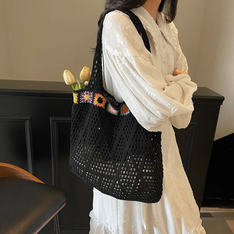 Bohemian Handmade Beach Tote Bag Beads Trim Straw Crochet Women Shoulder Bag