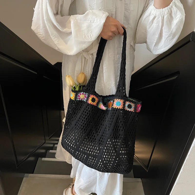 Bohemian Handmade Beach Tote Bag Beads Trim Straw Crochet Women Shoulder Bag