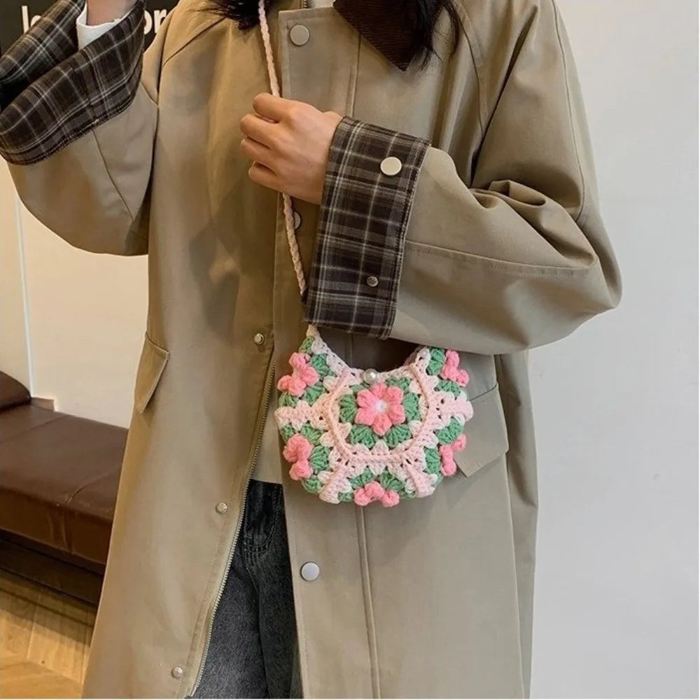Sweet Handmade Crochet Crossbody Bag Flower Pattern Corduroy Shoulder Bag