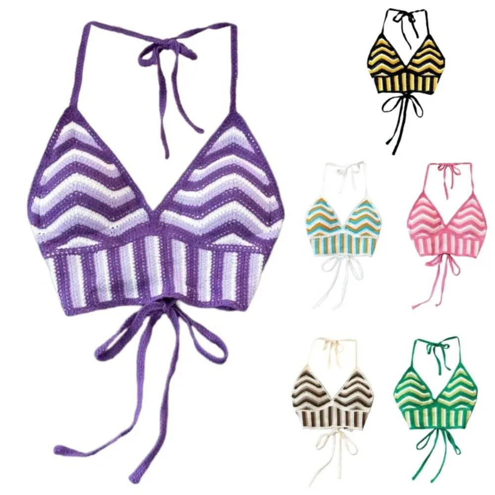 Haut débardeur Bohème au Crochet Dos Nu Creux pour Femme Vêtements de Plage Tricot Rayé