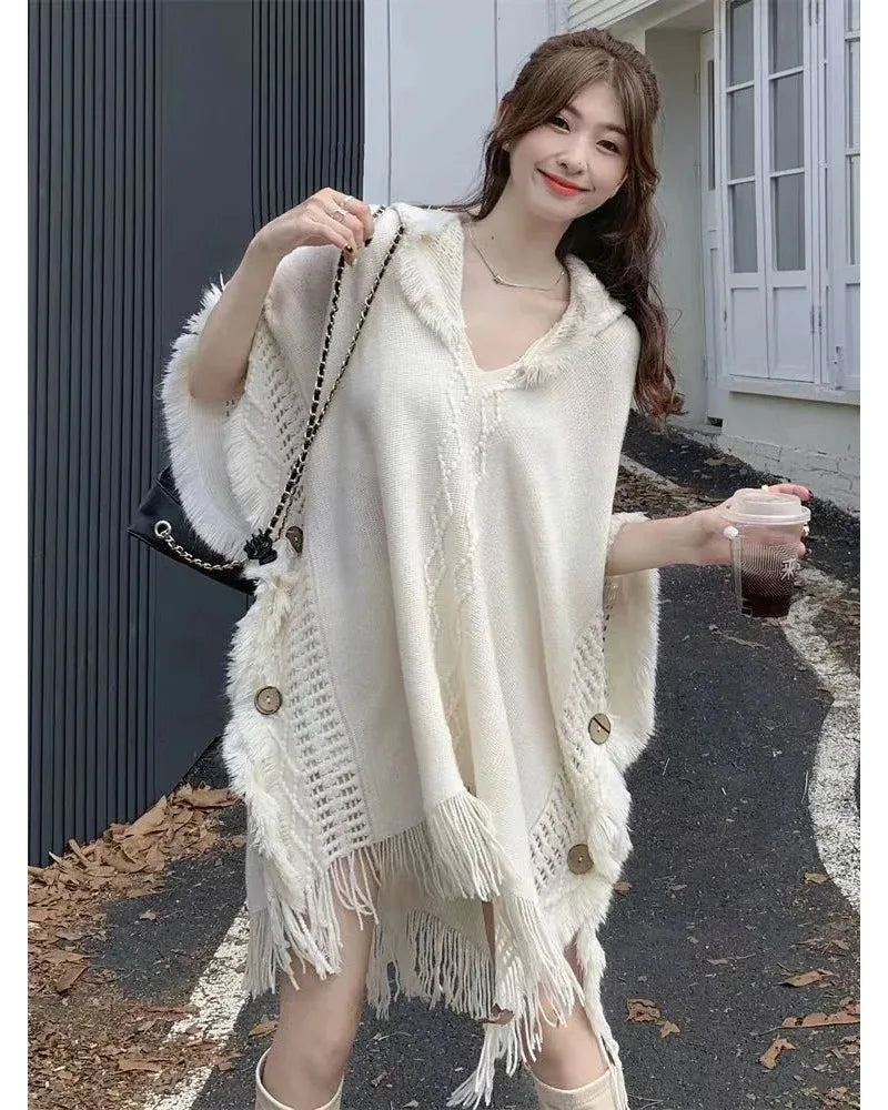 Hooded Crochet Cloak Poncho Shawl Boho Chic Knit Wrap For Women