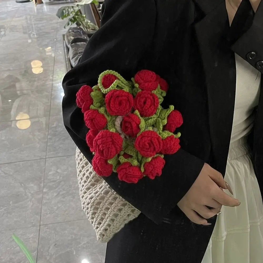 Bohemian Rose Crochet Rope Beach Bucket Bag With Flower Knitted Shoulder Bag