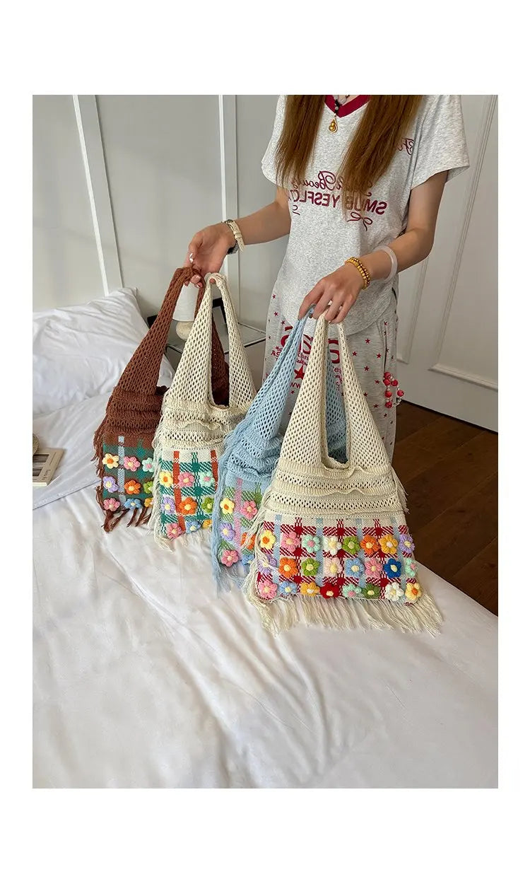 Women's Large Crochet Shoulder Tote Bag For Casual Daily Use School Commute