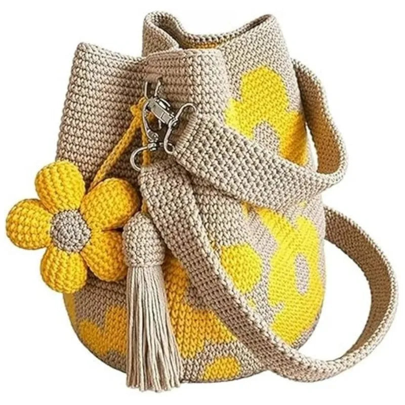 Sac cabas en crochet fait main avec fleurs, sac bandoulière, sac de plage bohème pour femme