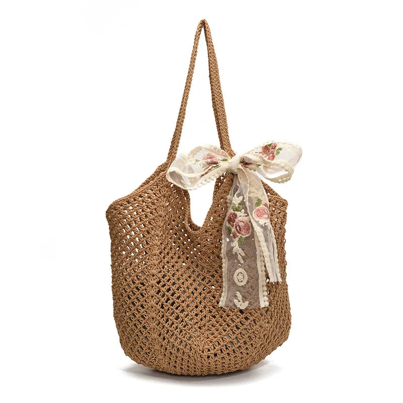 Summer Lace Bow Tote Bag For Women Raffia Rattan Crochet Shoulder Bag 2025
