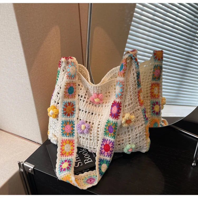 Knitted Tote Bag For Women Handmade Crochet Shoulder Beach Bag Capacity Travel