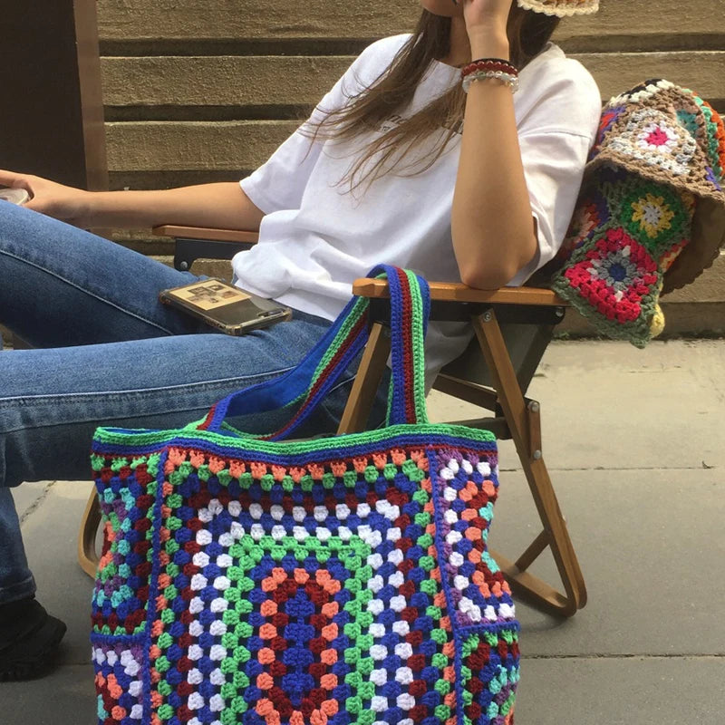 Bohemian Crochet Beach Bag for Women Large Capacity Shoulder Bag Crossbody