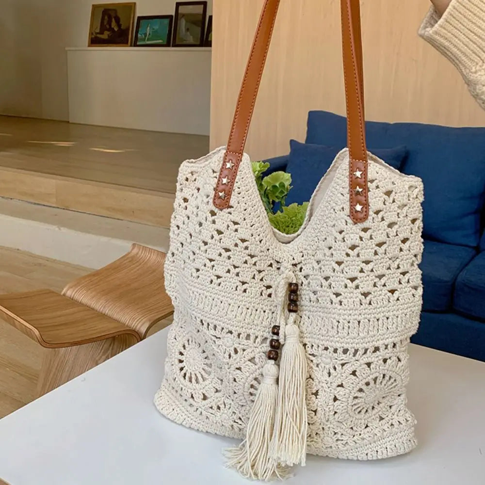 Bohemian Crochet Tote Bag Large Capacity Boho Weave Ethnic Beach Style Bag