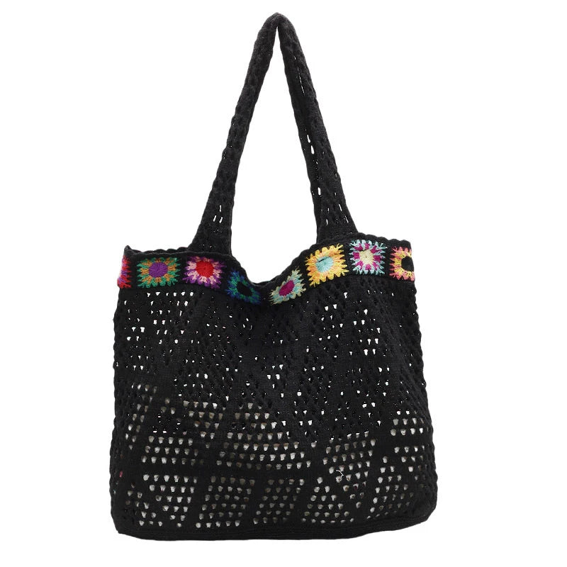 Bohemian Handmade Beach Tote Bag Beads Trim Straw Crochet Women Shoulder Bag