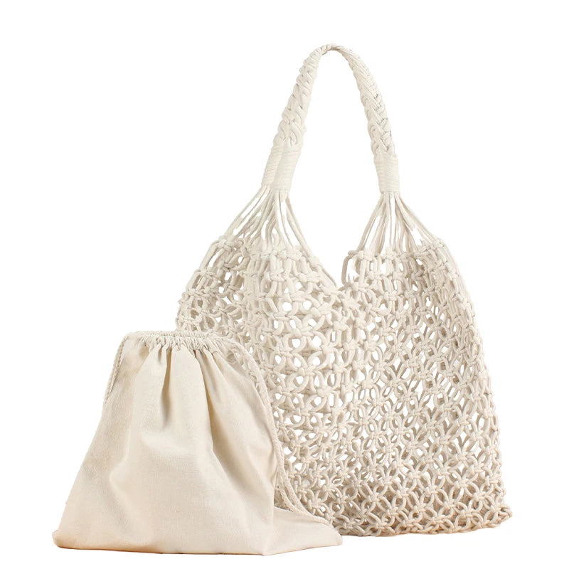 Hollow Crochet Mesh Shoulder Bag With Inner Pocket Women Solid Color Tote Bag
