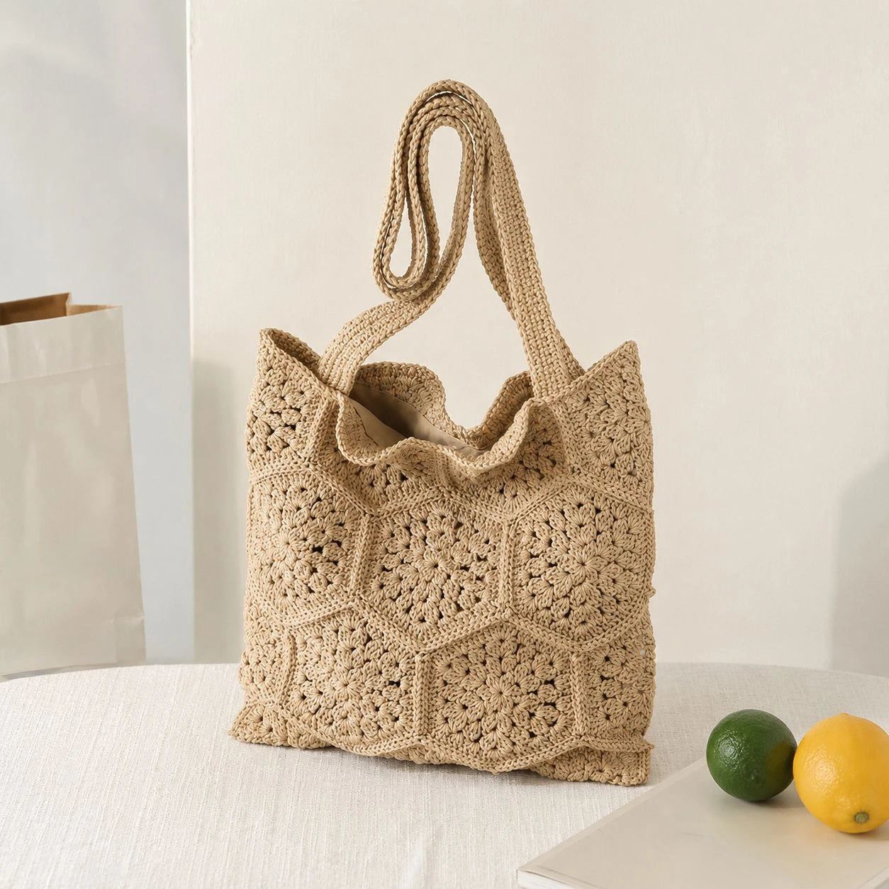 Sac à bandoulière fait main en fil de coton tissé à motif "granny square", grande capacité pour femmes