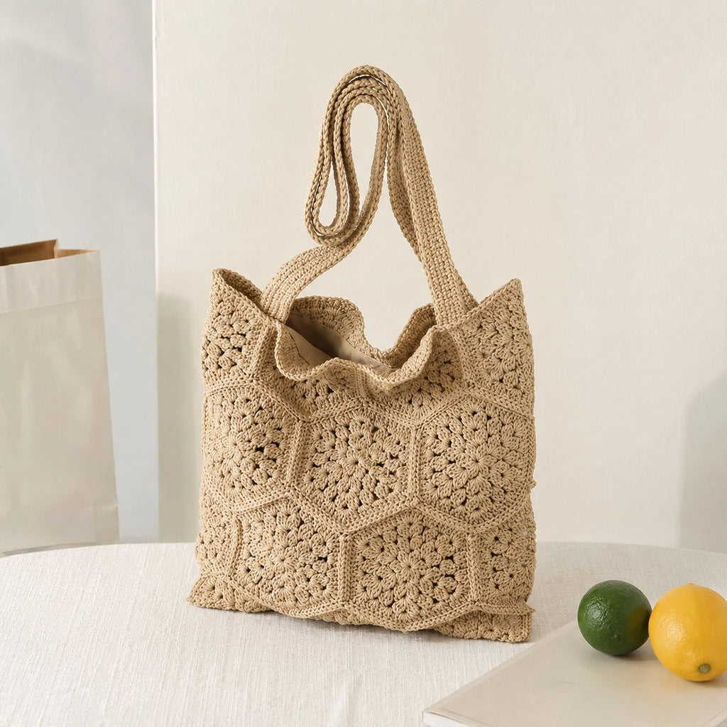 Handmade Cotton Thread Woven Granny Square Shoulder Bag Large Capacity For Women