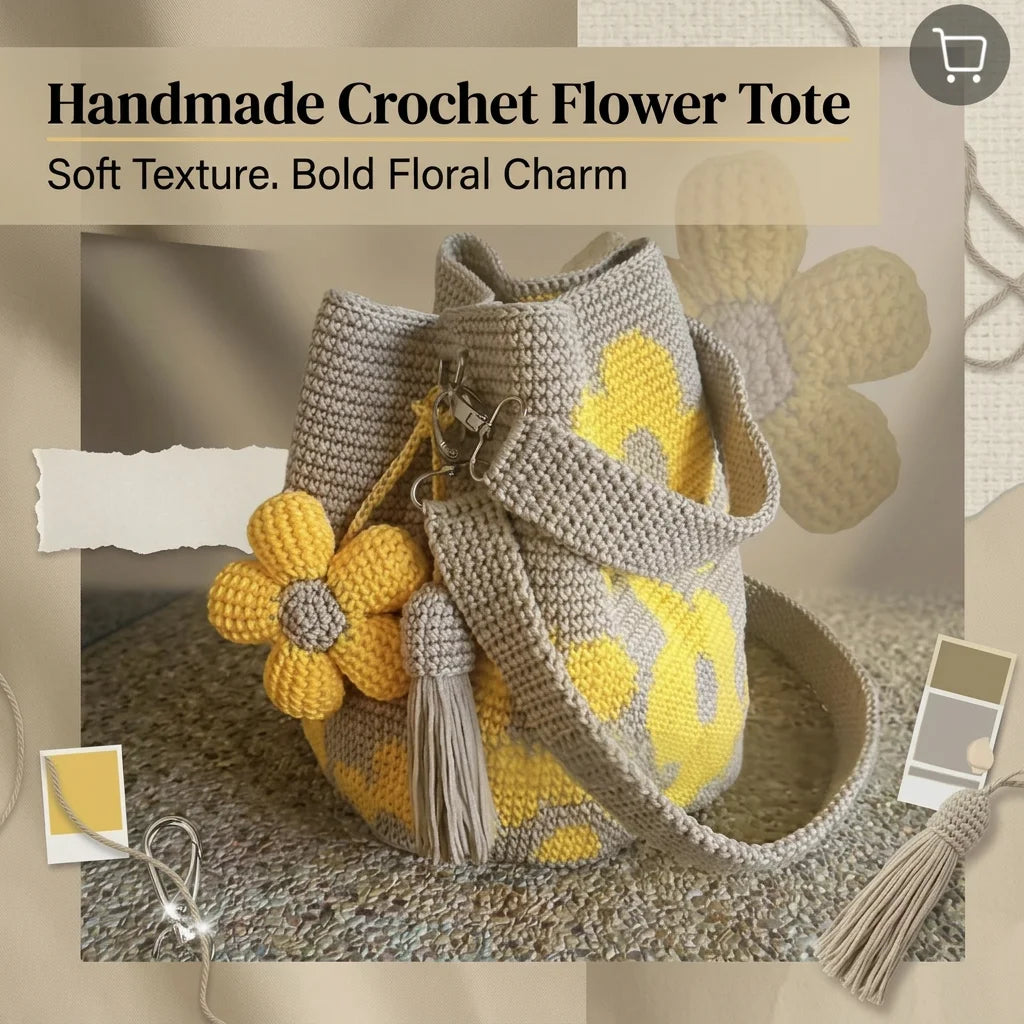 Handmade Crochet Oversized Flower Tote Bag With Detachable Flower Decoration