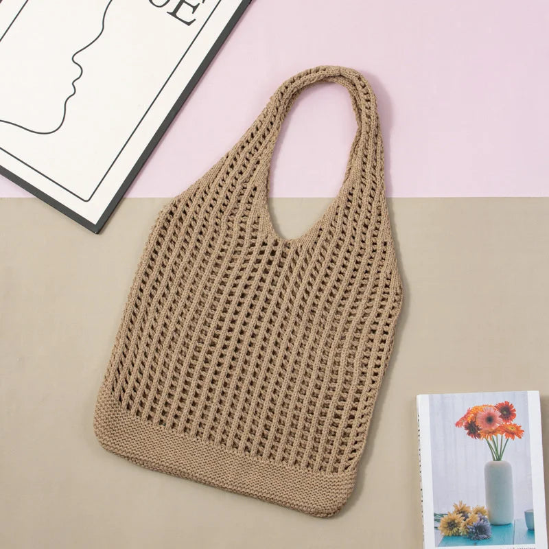 Solid Color Knitting Shoulder Bag Hollow Out Bohemian Crochet Tote For Women