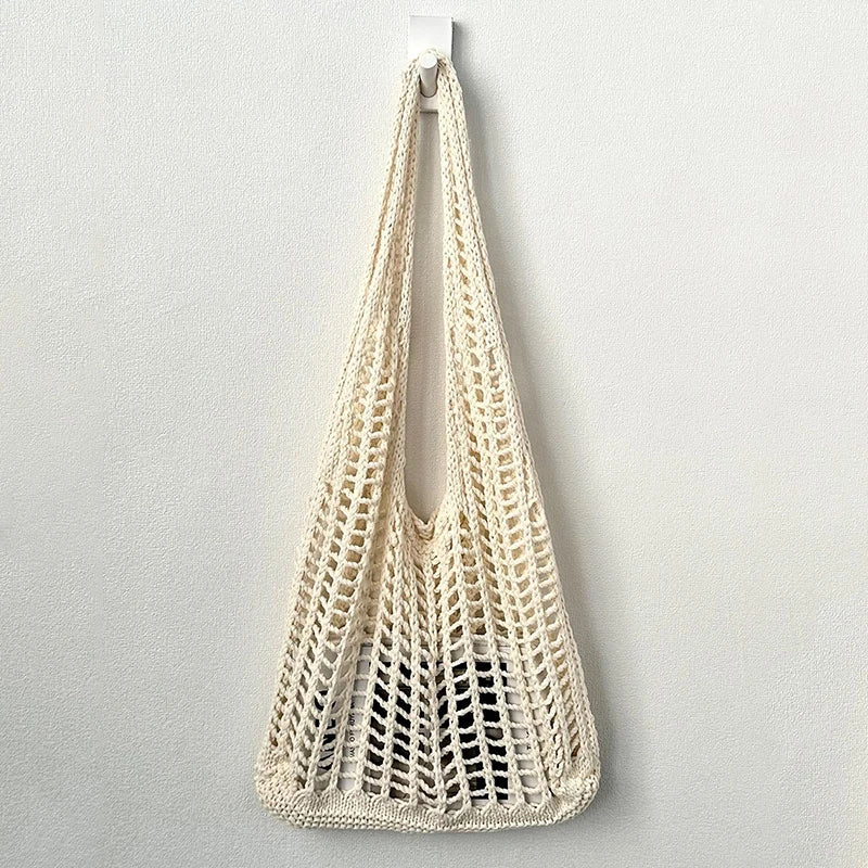 Solid Color Knitting Shoulder Bag Hollow Out Bohemian Crochet Tote For Women
