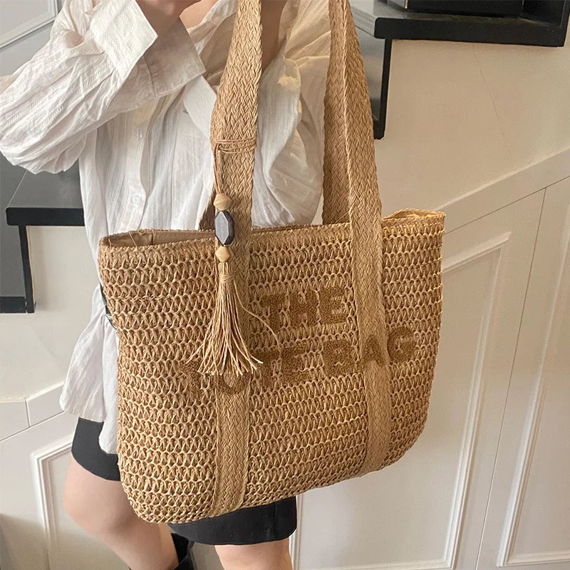 French Style Large Capacity Woven Straw Shoulder Bag For Women Beach Vacation