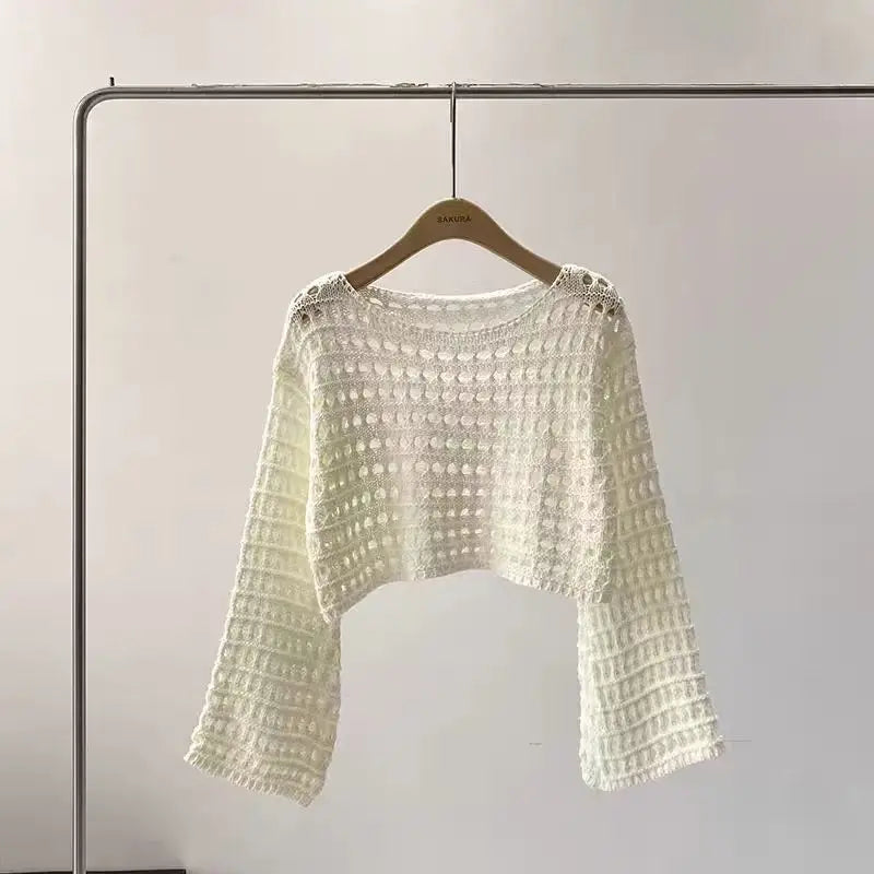 Boho Crochet Knit Long Sleeve Beach Cover Up For Women Vacation Top
