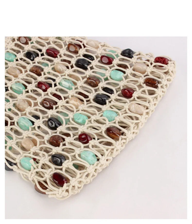 Bohemian Rope Crochet Women Bag Beading Beach Bag Handmade Woven Shoulder Bag