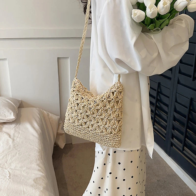 Women Beach Woven Straw Shoulder Messenger Bag Boho Crossbody Macrame Purse
