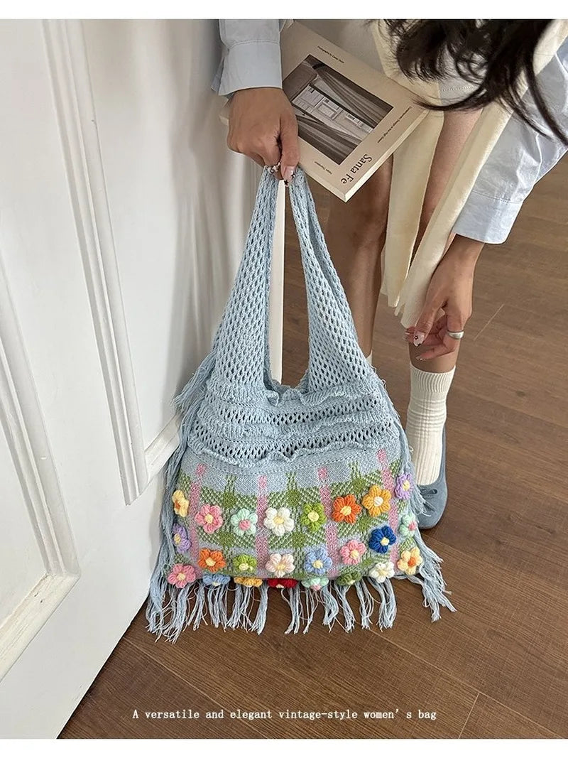 Women's Large Crochet Shoulder Tote Bag For Casual Daily Use School Commute