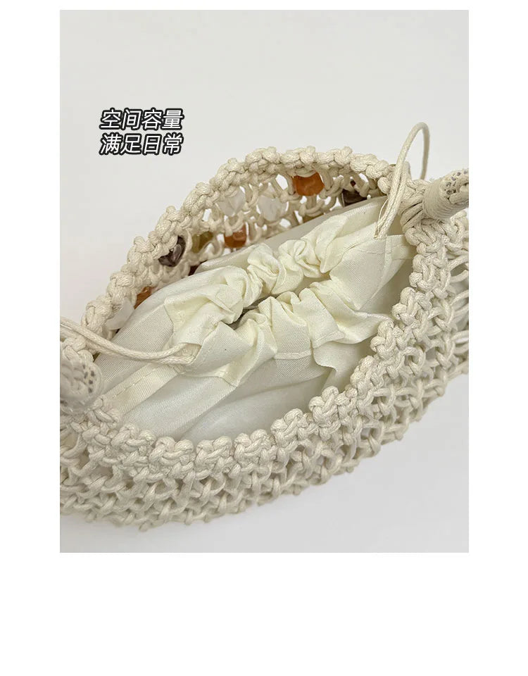 Hollow Beading Womens Shoulder Bag Rope Knitting Bohemian Crochet Mesh Tote Bag