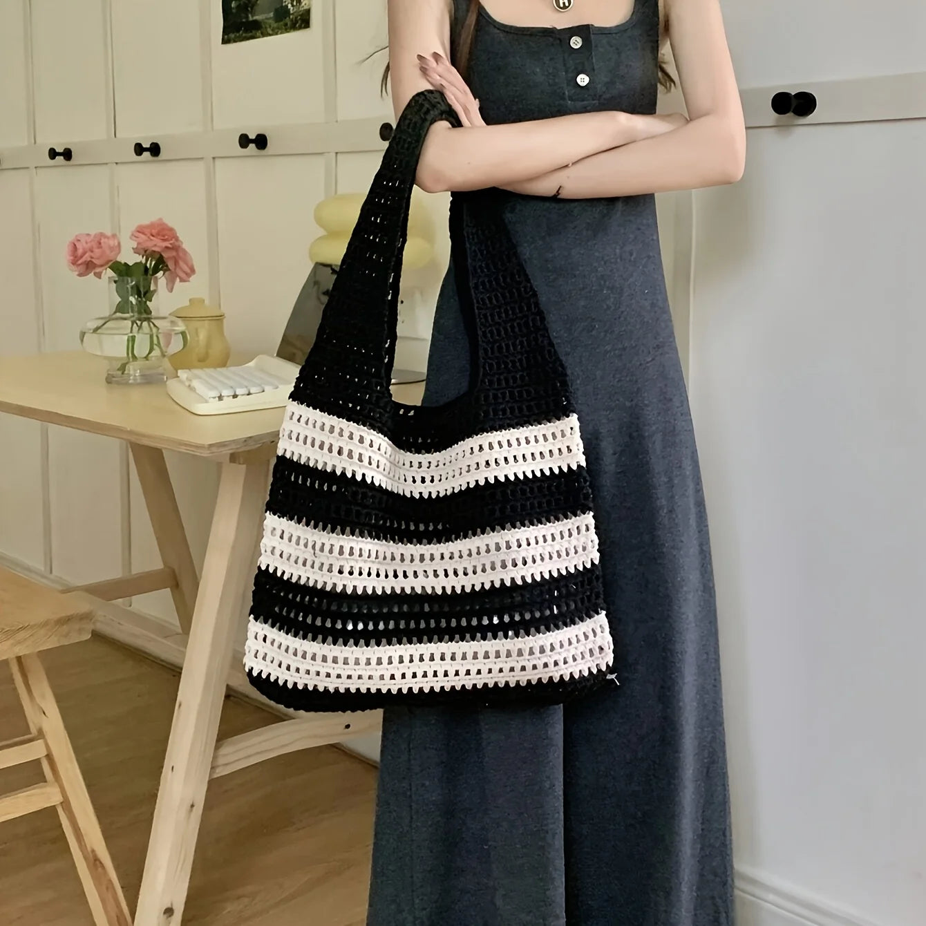 Sac à main en crochet tissé pour femme, cabas tricoté, sac de plage, vintage d'été