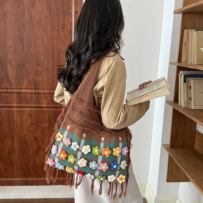 Grand sac à bandoulière en crochet pour femme, idéal pour un usage quotidien décontracté, l'école ou les trajets.