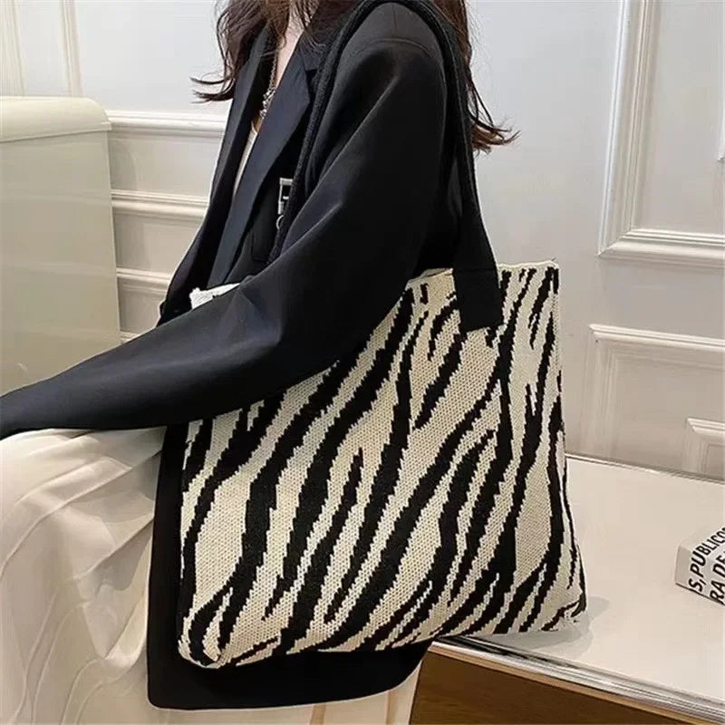 Zebra Pattern Knitted Crochet Bag Large Capacity Women Shoulder Tote