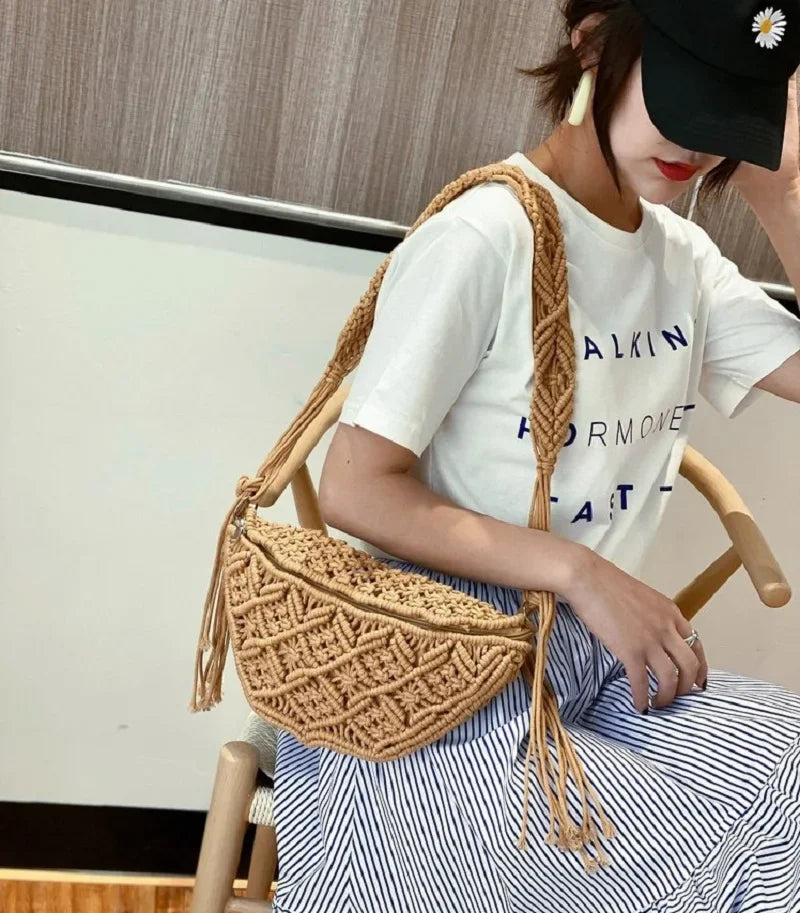 Women Summer Beach Knitted Bag Bohemian Crochet Waist Fanny Pack Shoulder Tote