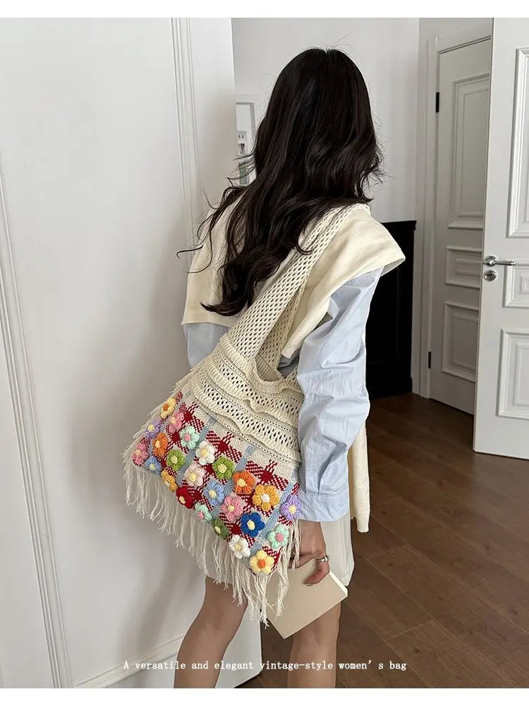 Women's Large Crochet Shoulder Tote Bag For Casual Daily Use School Commute
